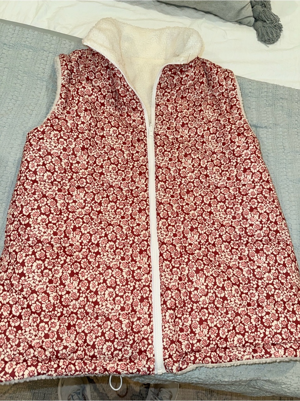 Amazon Women's Red Floral Reversible Sherpa Vest